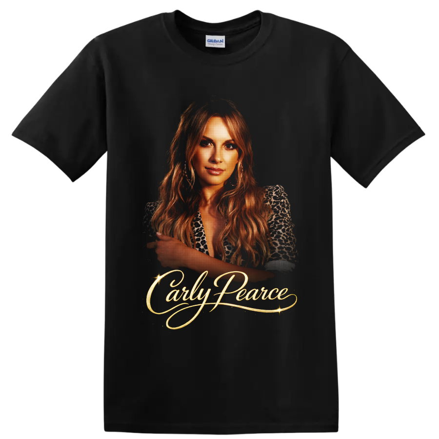 Carly Pearce country singer portrait with glowing gold script and sparkling accents on a Black T Shirt