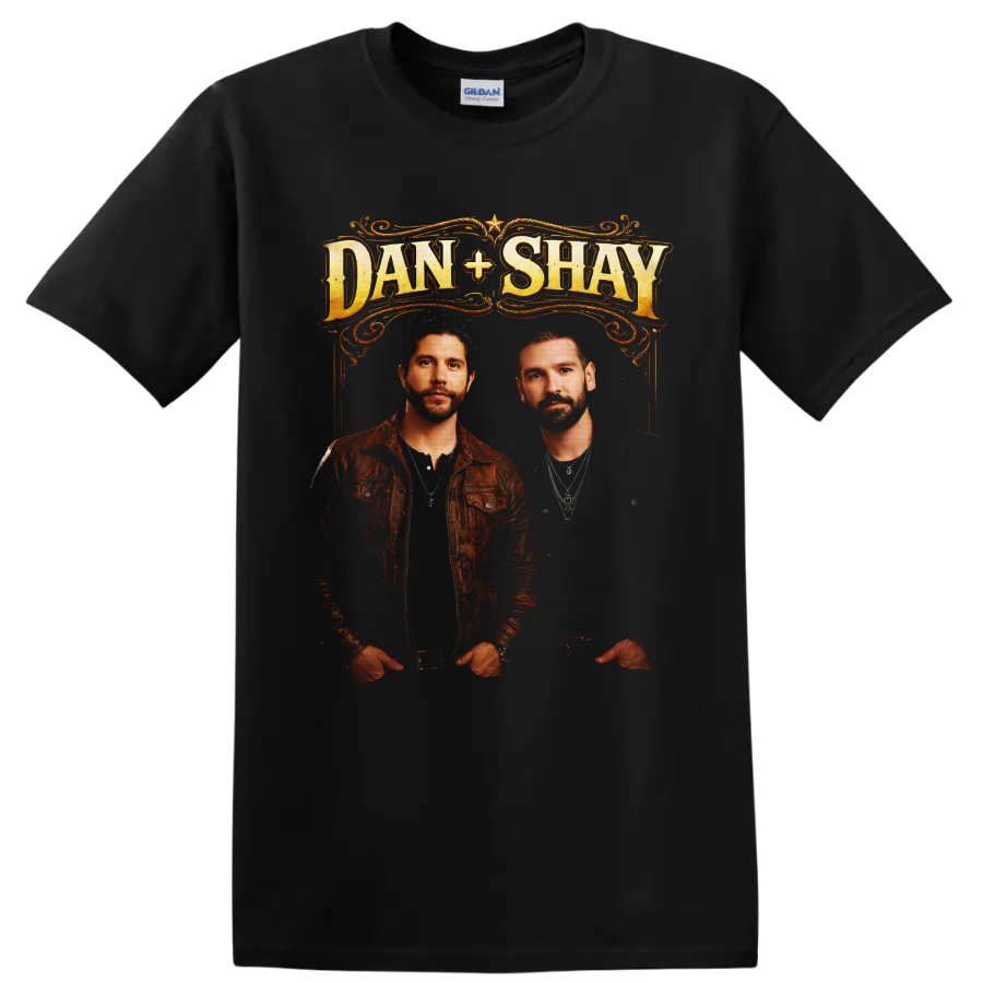 Dan + Shay portraits beneath ornate western gold lettering and scrollwork on a Black T Shirt