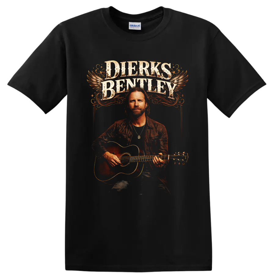Dierks Bentley guitar portrait with winged vintage lettering and western flourishes on a Black T Shirt