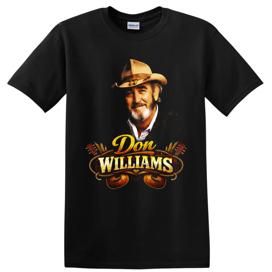 Don Williams cowboy hat portrait with guitars, rope, wheat, and western lettering on a Black T Shirt