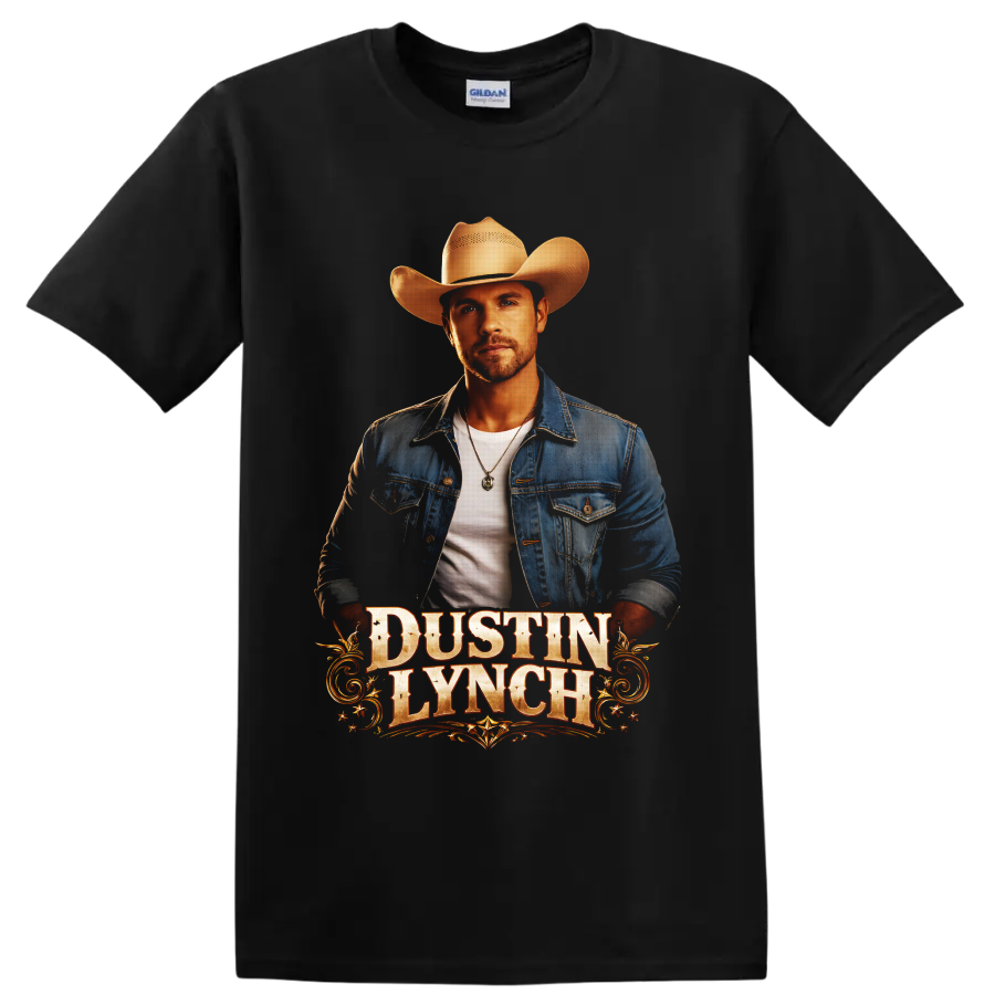 Dustin Lynch cowboy hat portrait with distressed western lettering and gold scrollwork on a Black T Shirt