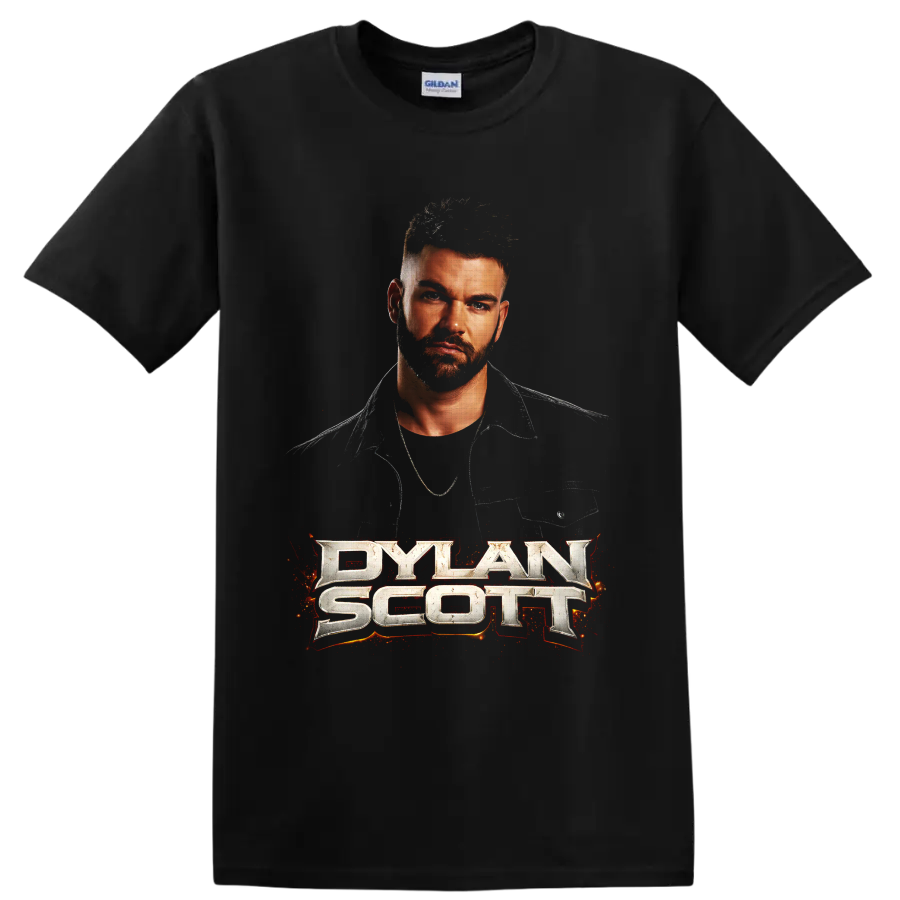 Dylan Scott portrait with metallic lettering and fiery red-orange country music graphics on a Black T Shirt