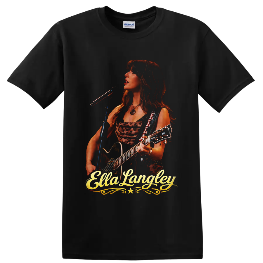 Ella Langley performing with guitar and microphone in a warm western concert portrait on a Black T Shirt