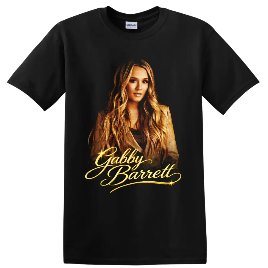 Gabby Barrett golden portrait with ornate script lettering and sparkling starbursts on a Black T Shirt