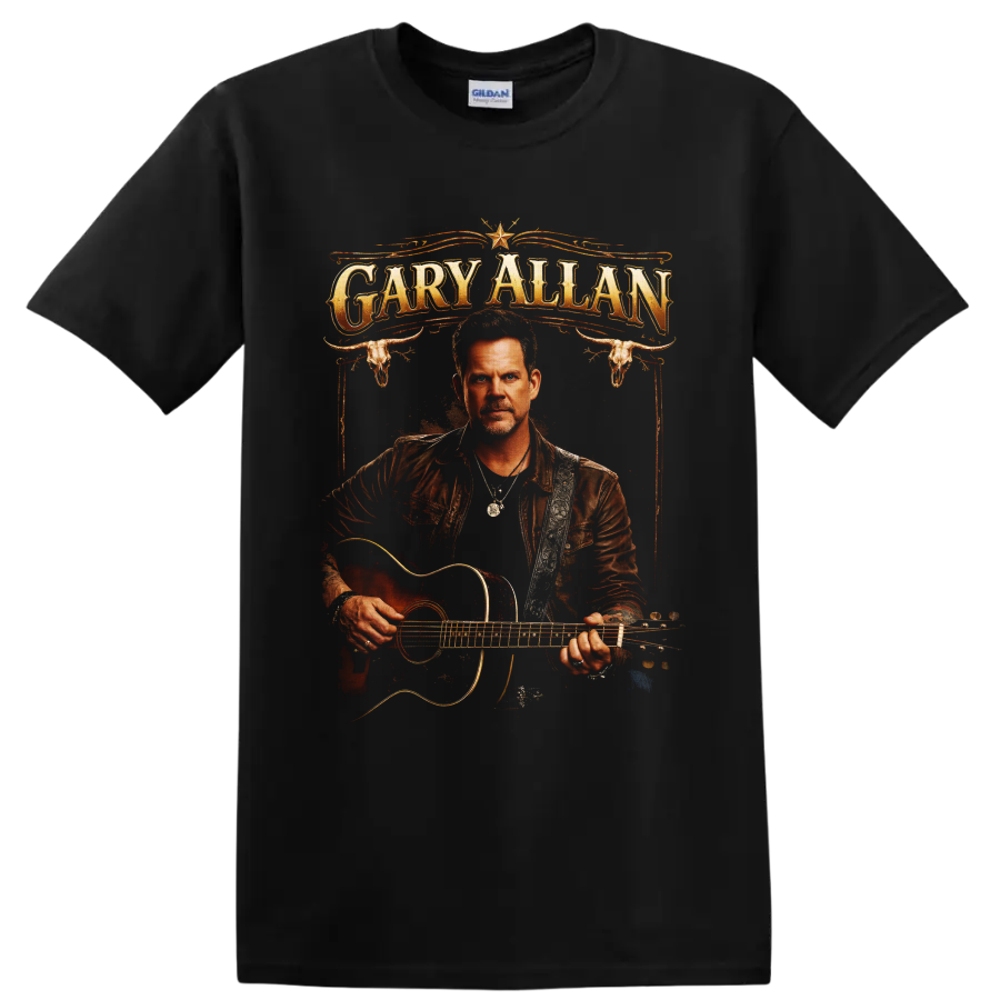 Gary Allan guitar portrait with western lettering, longhorn skulls, and ornate flourishes on a Black T Shirt