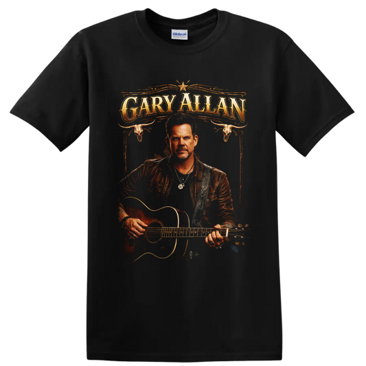 Gary Allan guitar portrait with western lettering, longhorn skulls, and ornate flourishes on a Black T Shirt