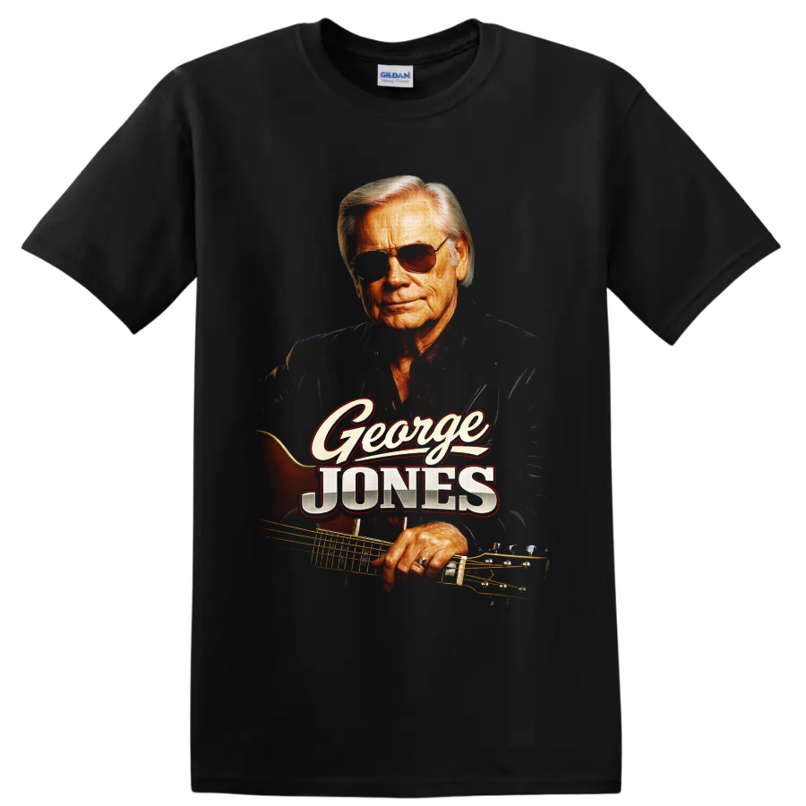 George Jones portrait with sunglasses, guitar, and vintage George Jones lettering on a Black T Shirt