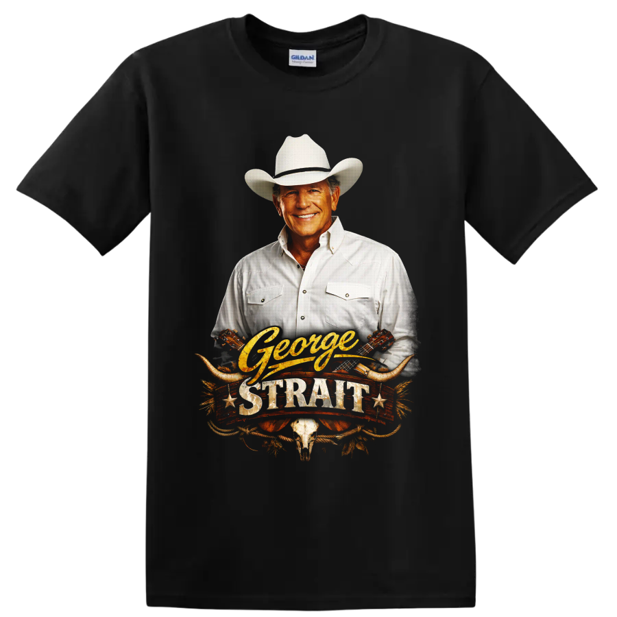 George Strait portrait with cowboy hat, guitars, longhorns, and western rope artwork on a Black T Shirt