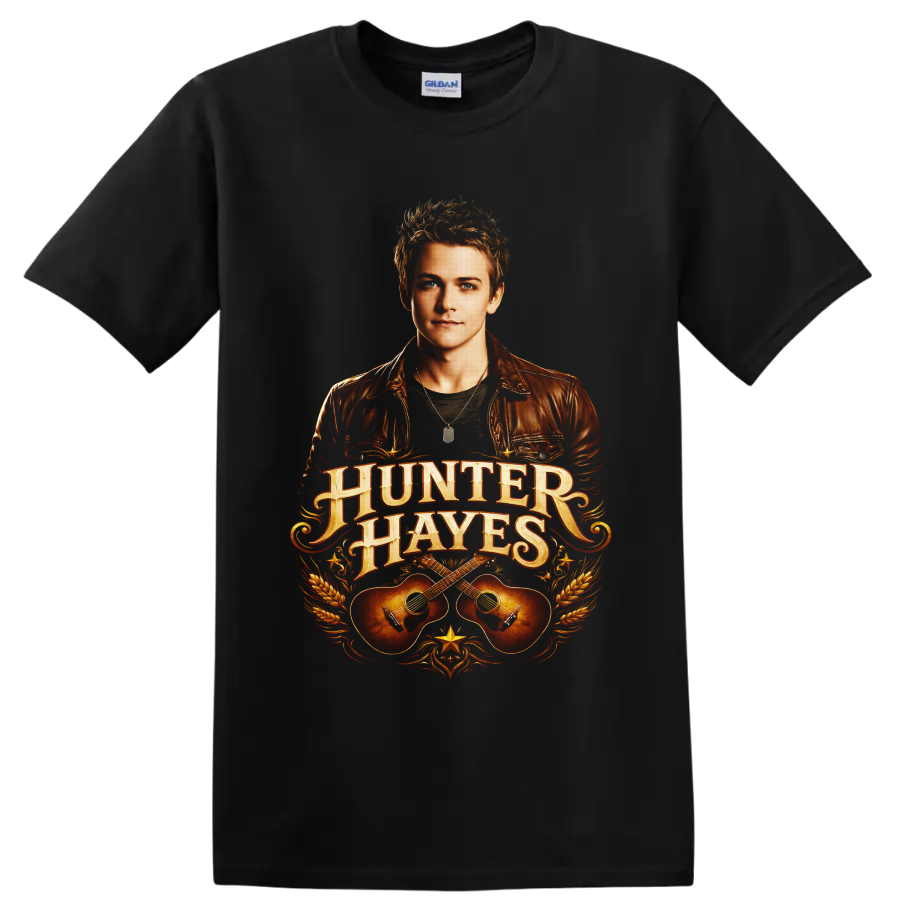 Hunter Hayes portrait with ornate lettering, crossed acoustic guitars, wheat, and western on a Black T Shirt