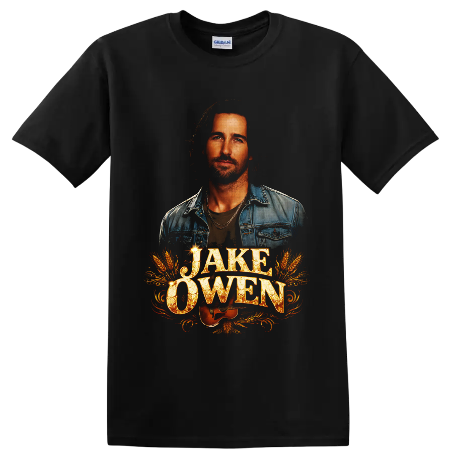 Jake Owen portrait with guitar, wheat, western flourishes, and distressed lettering on a Black T Shirt