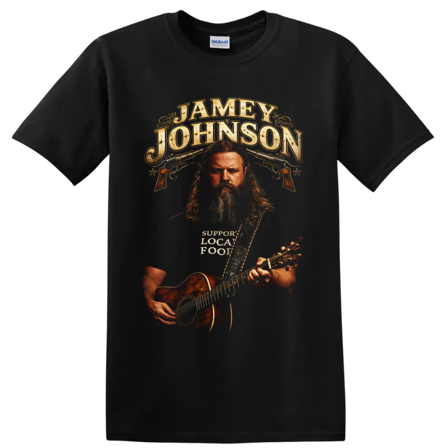 Jamey Johnson western portrait with acoustic guitar, pistols, and distressed lettering on a Black T Shirt