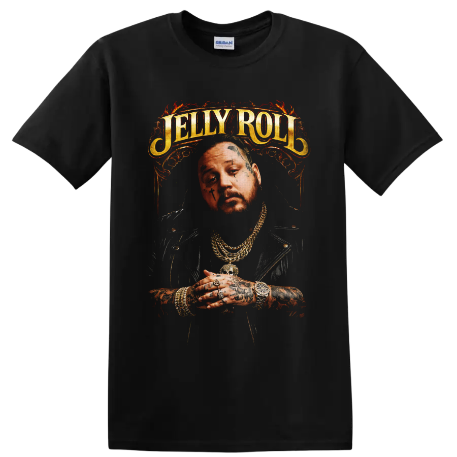 Jelly Roll tattooed portrait with ornate gold lettering and fiery red flourishes on a Black T Shirt
