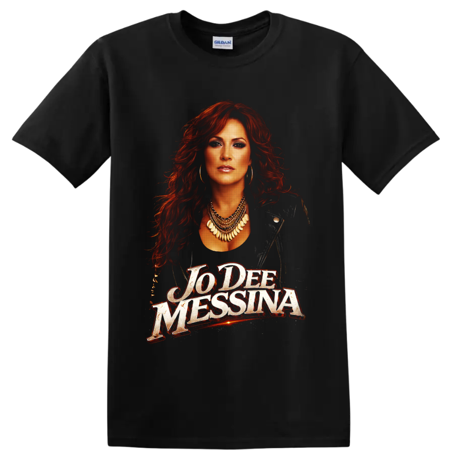 Jo Dee Messina red-haired country singer portrait with distressed name lettering on a Black T Shirt