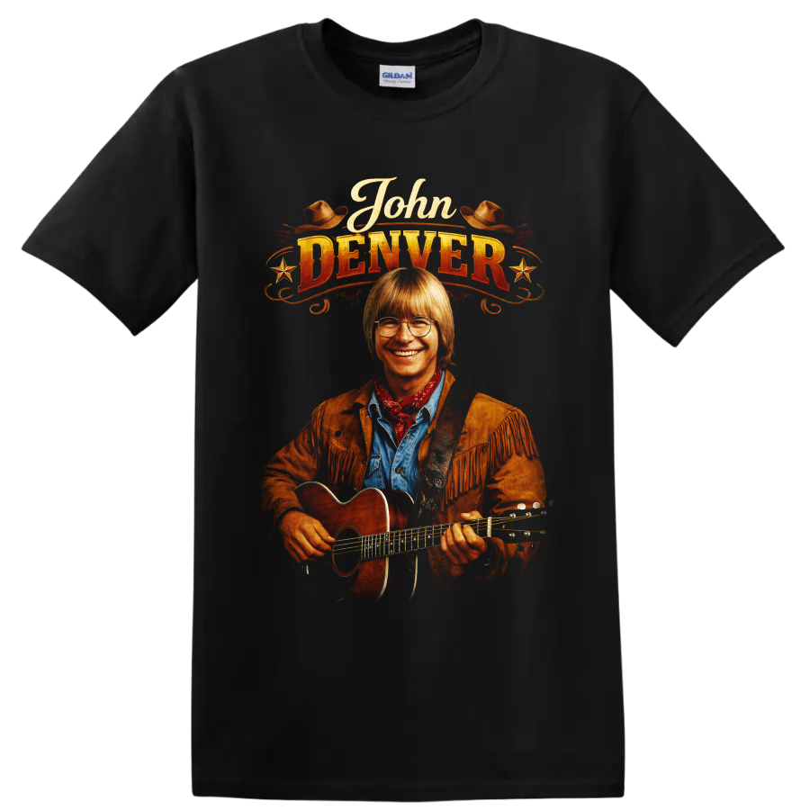 John Denver western portrait with acoustic guitar, cowboy hats, stars, and vintage on a Black T Shirt