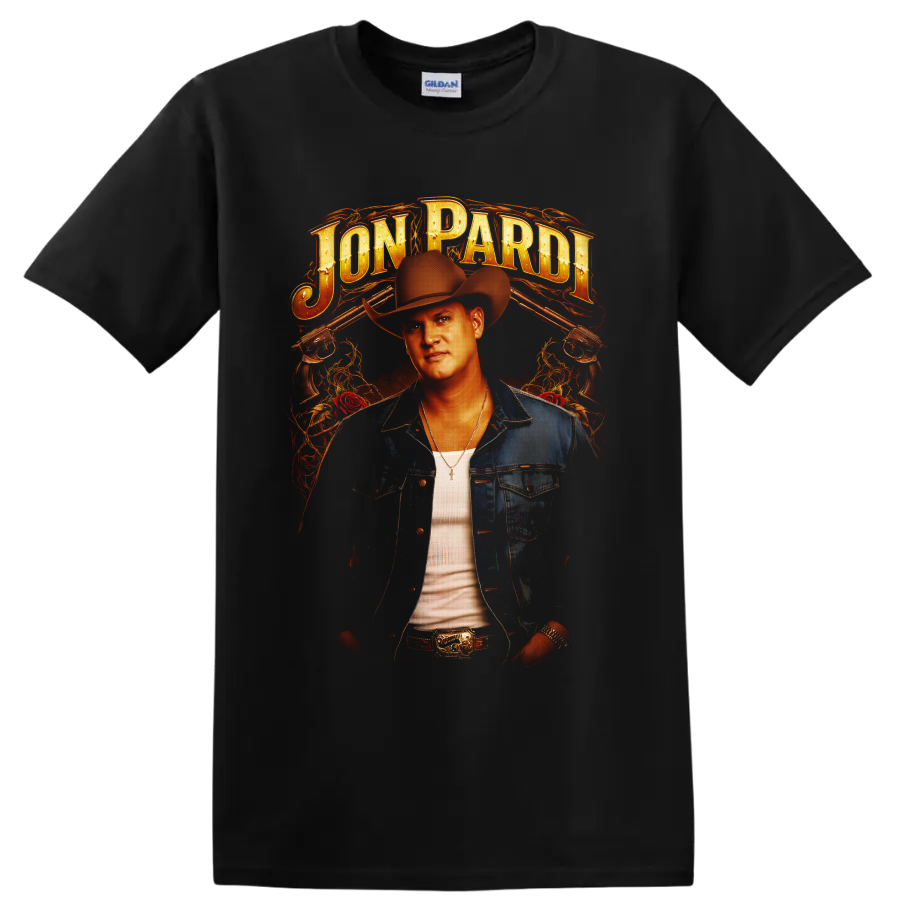 Jon Pardi western portrait with cowboy hat, roses, revolvers, flames, and gold lettering on a Black T Shirt