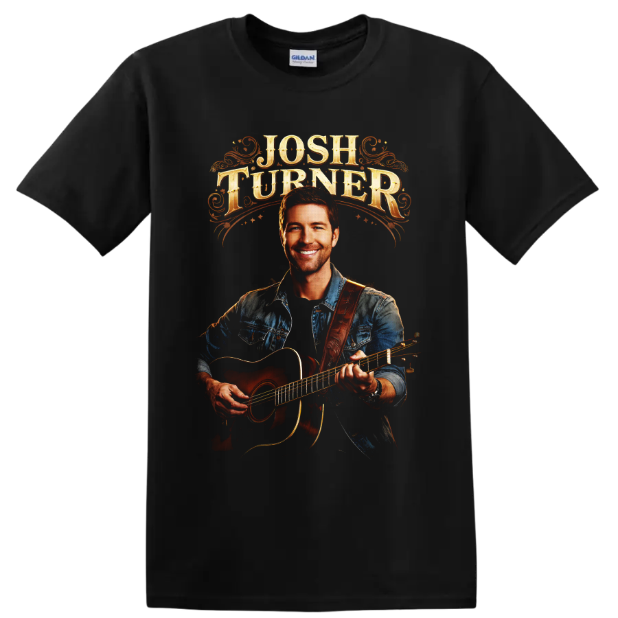 Josh Turner acoustic guitar portrait with ornate western lettering on a Black T Shirt