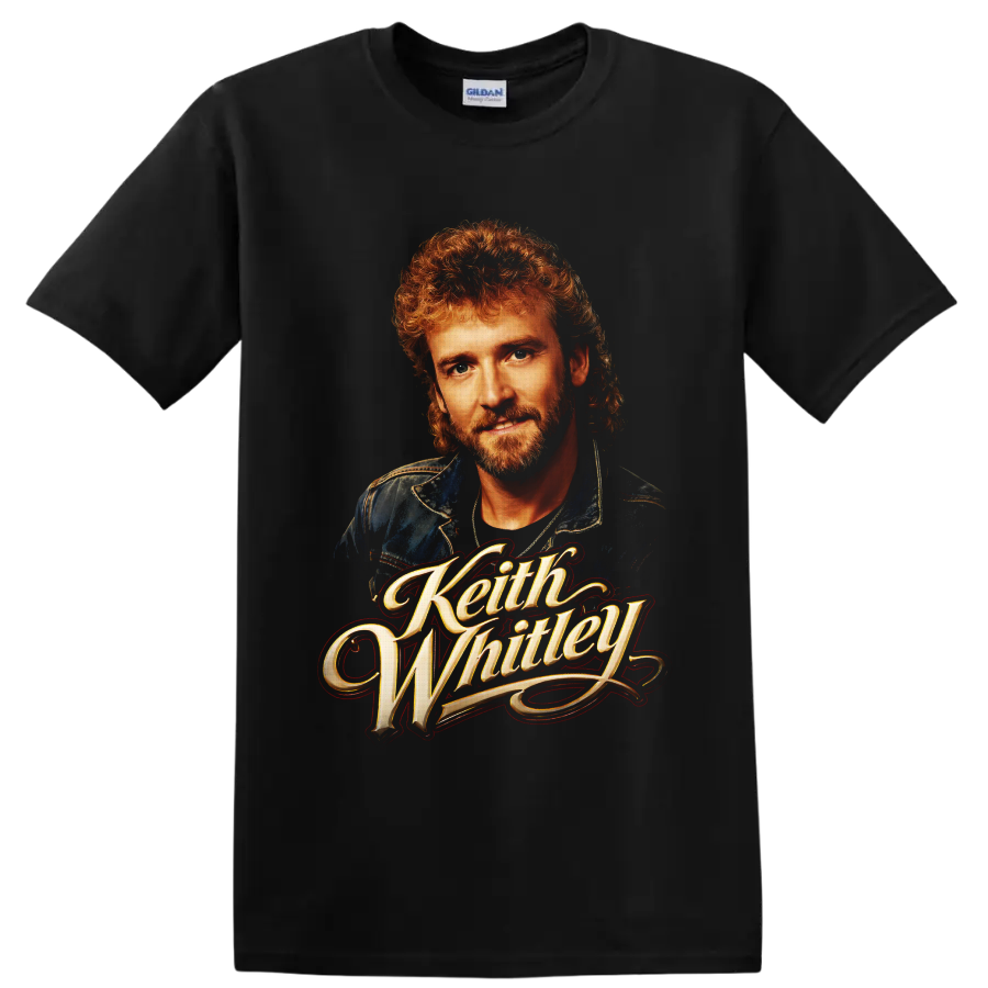 Keith Whitley portrait with ornate gold script in vintage country music poster style on a Black T Shirt
