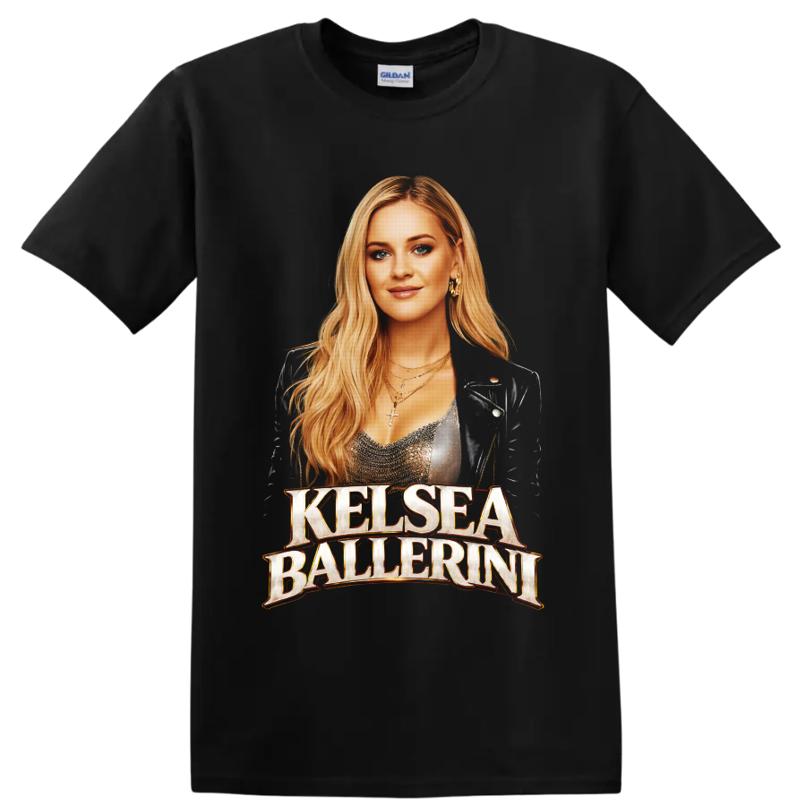 Kelsea Ballerini portrait with warm gold lettering in a concert-inspired graphic style on a Black T Shirt