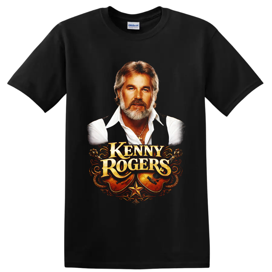 Kenny Rogers portrait with ornate western lettering, acoustic guitars, rope, and stars on a Black T Shirt