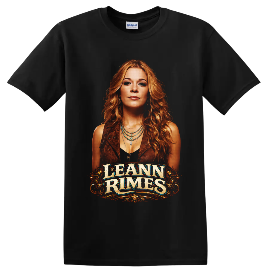 LeAnn Rimes western portrait with ornate lettering, gold flourishes, and turquoise jewelry on a Black T Shirt