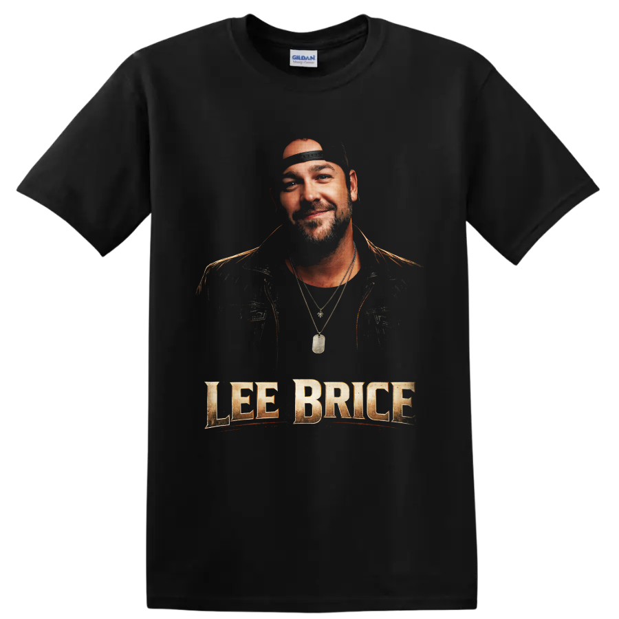 Lee Brice portrait with distressed gold name lettering in country concert poster style on a Black T Shirt