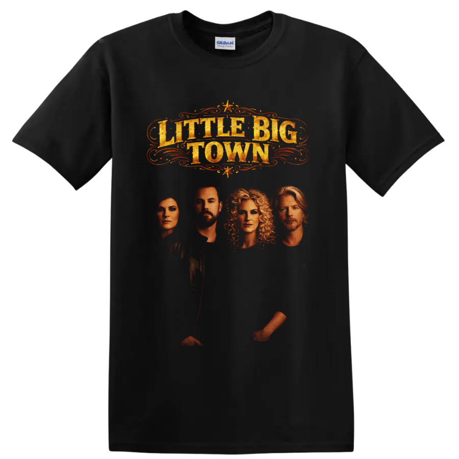Little Big Town portraits with distressed gold western lettering, scrollwork, and stars on a Black T Shirt