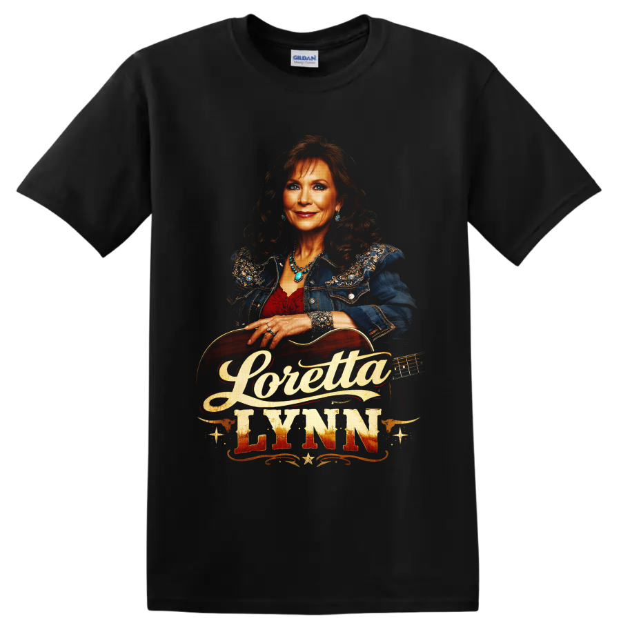 Loretta Lynn portrait with acoustic guitar and vintage Western country lettering on a Black T Shirt
