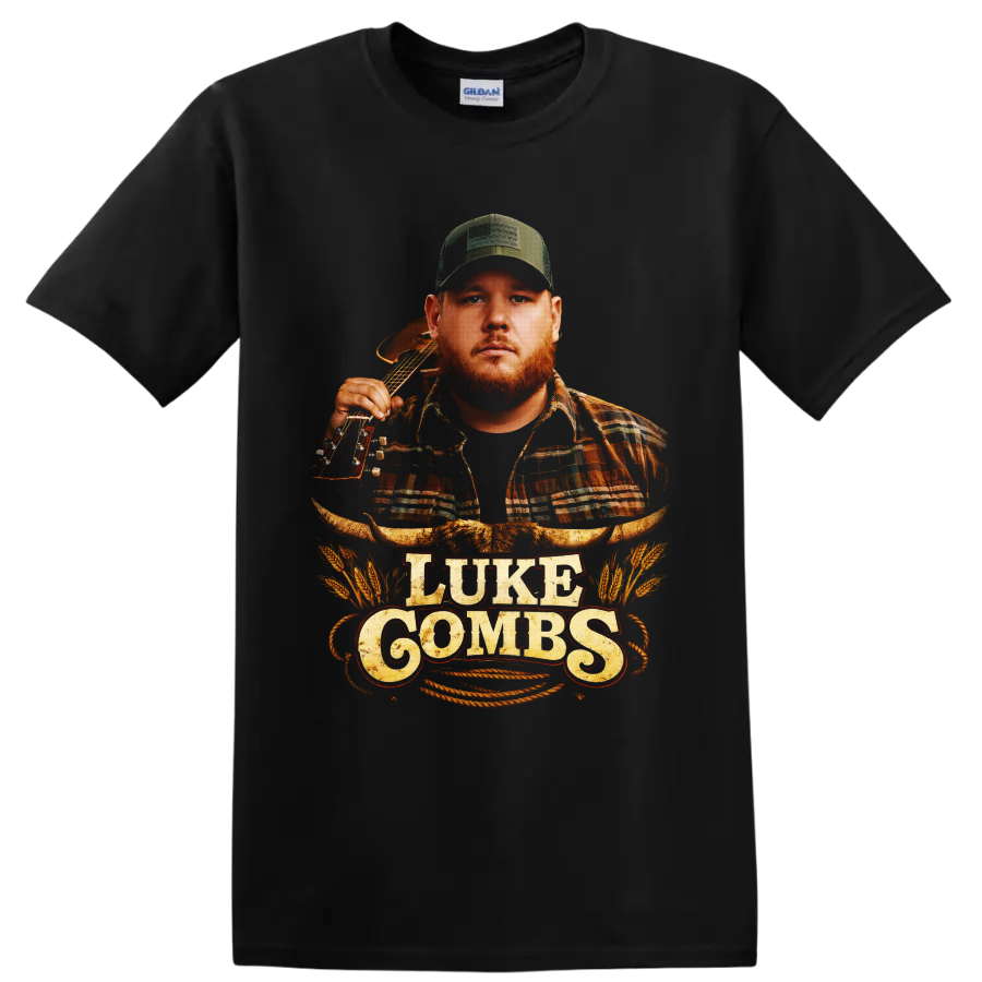 Luke Combs portrait with acoustic guitar, longhorn skull, wheat, rope, and western on a Black T Shirt