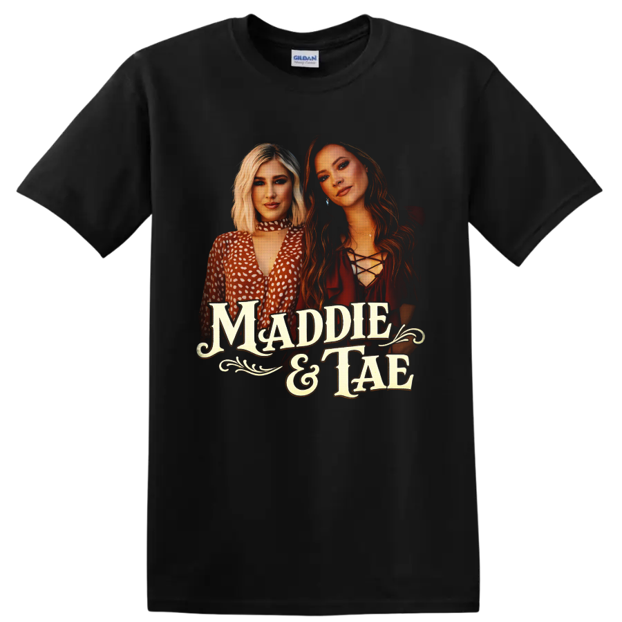 Maddie & Tae country duo portraits with vintage western lettering and flourishes on a Black T Shirt