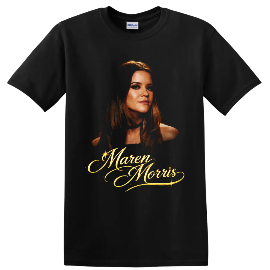 Maren Morris portrait with ornate gold script lettering and sparkling accents on a Black T Shirt
