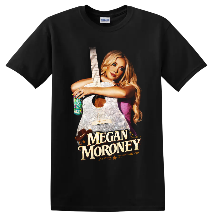 Megan Moroney with sparkling guitar, western hat, stars, and gold name lettering on a Black T Shirt