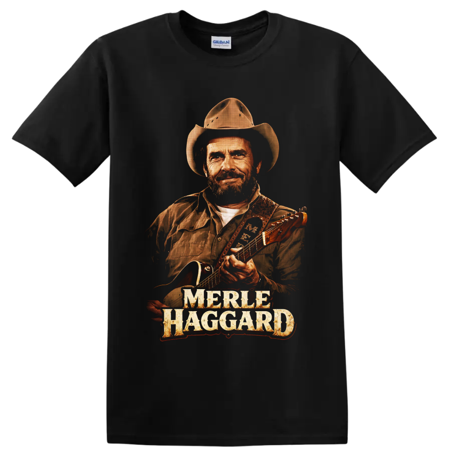 Merle Haggard cowboy hat and guitar portrait with distressed name lettering on a Black T Shirt