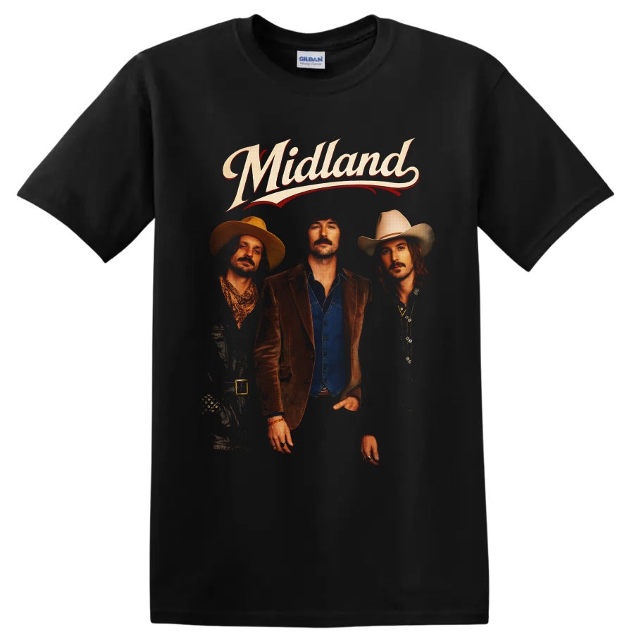 Midland band portrait with cowboy hats and retro western script lettering on a Black T Shirt
