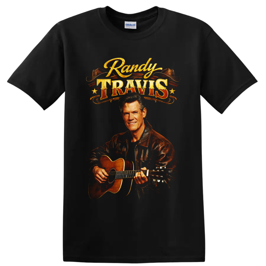 Randy Travis guitar portrait with cowboy hats and distressed western lettering on a Black T Shirt