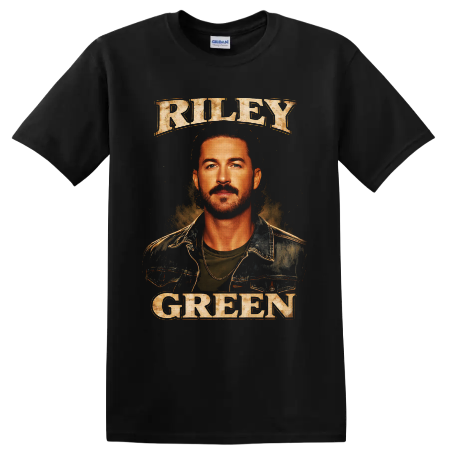 Riley Green portrait with distressed RILEY GREEN lettering in vintage country poster style on a Black T Shirt
