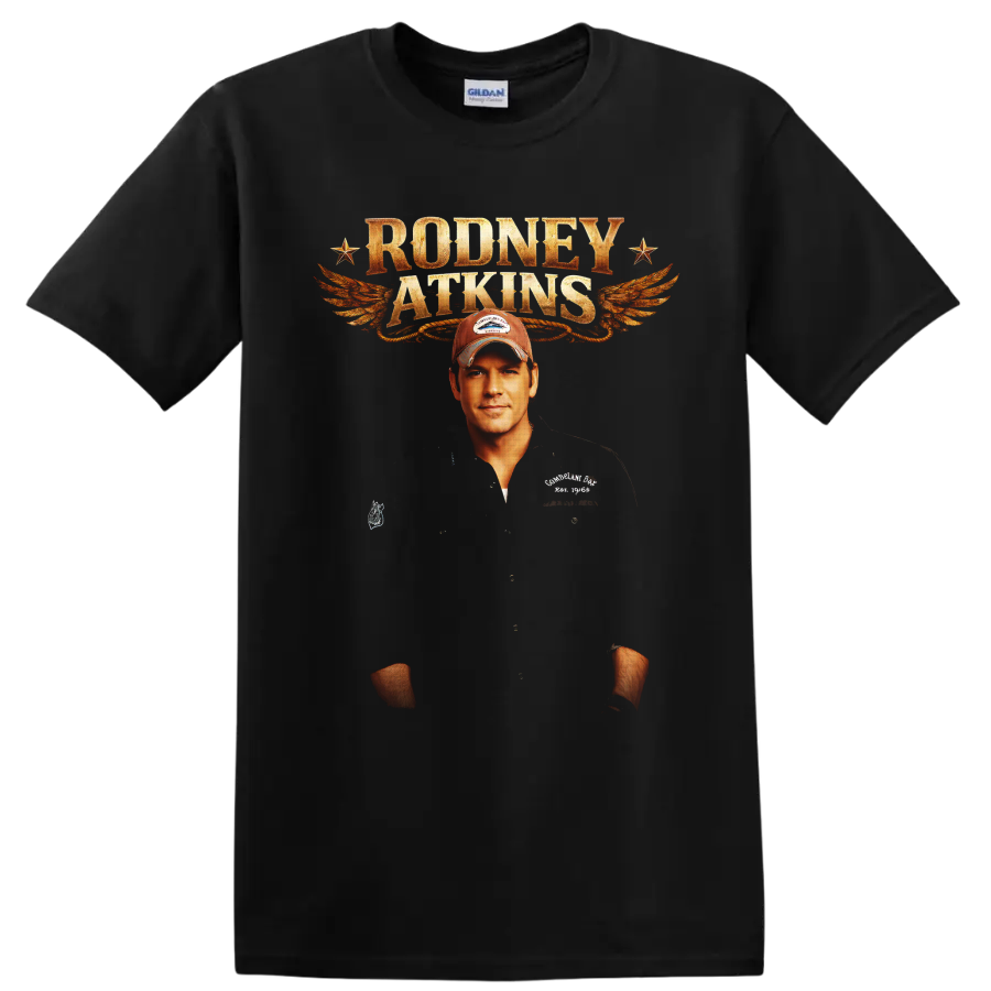 Rodney Atkins portrait with distressed lettering, orange wings, and vintage stars on a Black T Shirt