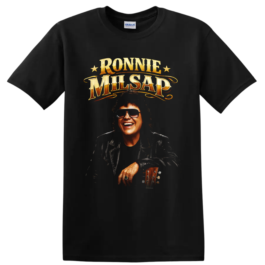 Ronnie Milsap portrait with guitar, gold vintage lettering, and stars on a Black T Shirt