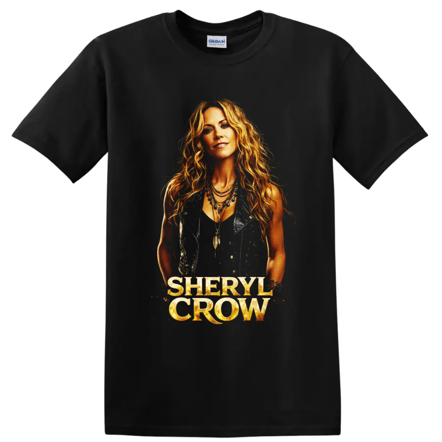 Sheryl Crow portrait with western jewelry, feather pendants, and gold name lettering on a Black T Shirt