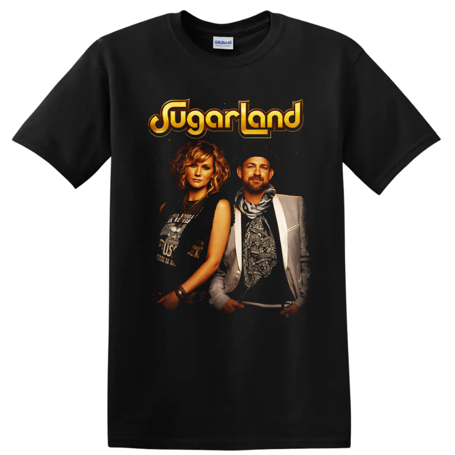 Sugarland duo portraits with distressed golden logo in vintage country concert style on a Black T Shirt