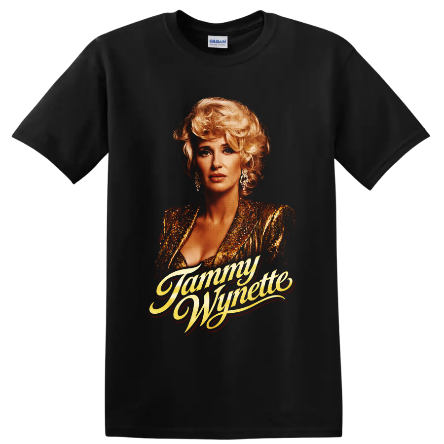 Tammy Wynette portrait in gold stage glamour with flowing name script on a Black T Shirt