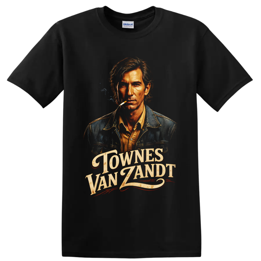 Townes Van Zandt portrait with distressed western lettering and smoky vintage folk art on a Black T Shirt