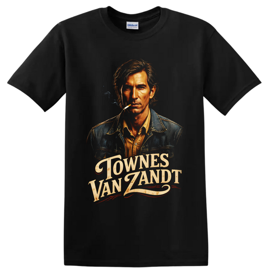 Townes Van Zandt portrait with distressed western lettering and smoky vintage folk art on a Black T Shirt