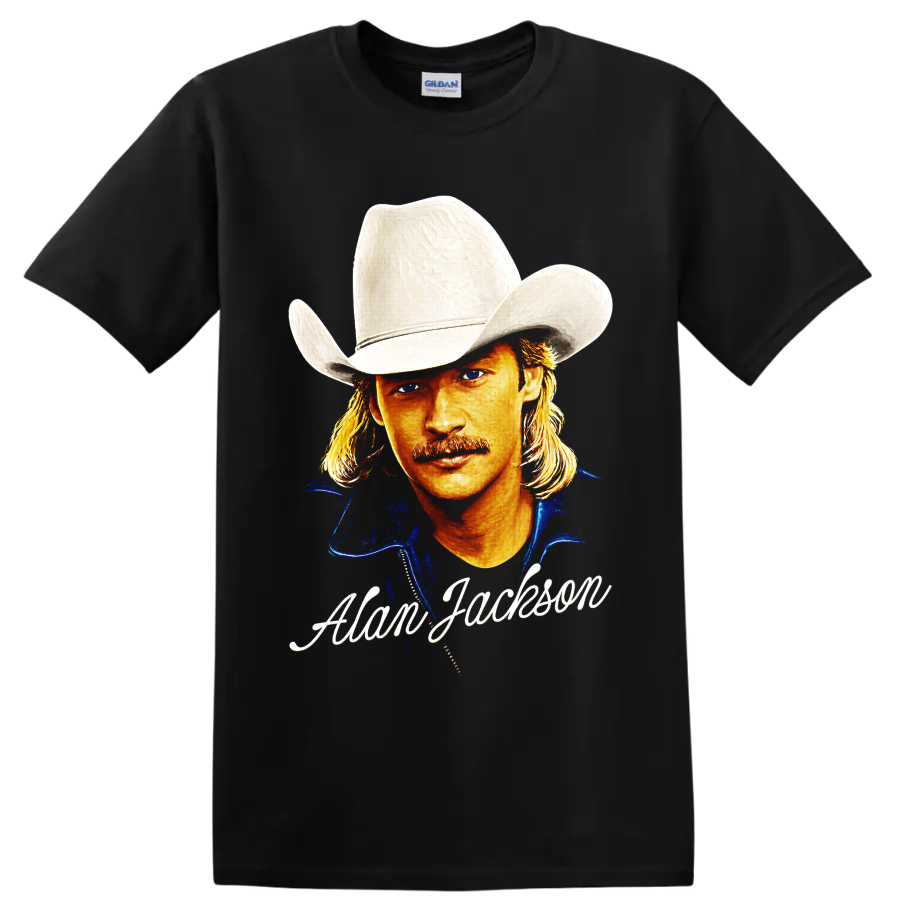 Alan Jackson painted cowboy hat portrait with signature-style lettering on a Black T Shirt
