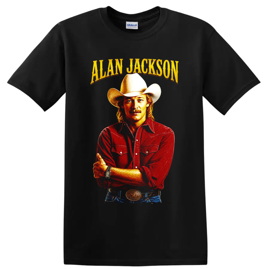 Alan Jackson cowboy hat portrait with gold lettering and red Western shirt on a Black T Shirt
