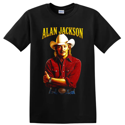 Alan Jackson cowboy hat portrait with gold lettering and red Western shirt on a Black T Shirt