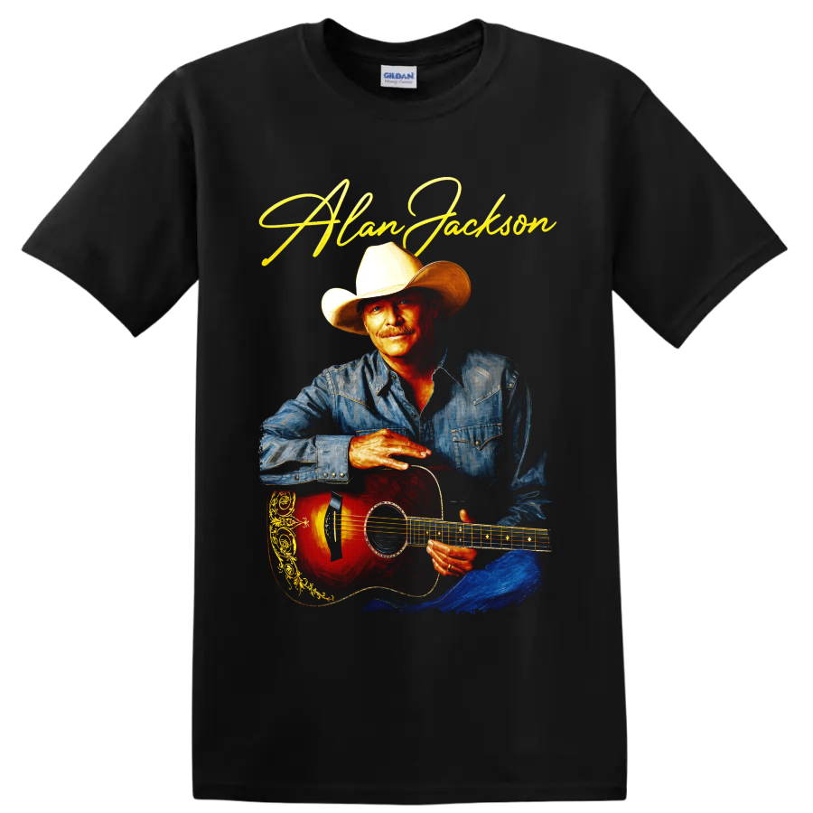 Alan Jackson painterly country portrait with cowboy hat, denim shirt, guitar and gold on a Black T Shirt