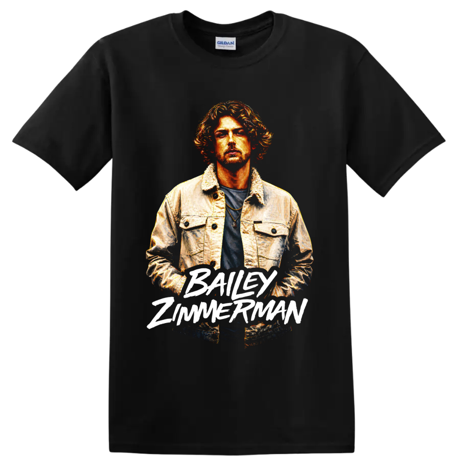 Bailey Zimmerman painted country singer portrait with bold white name lettering on a Black T Shirt