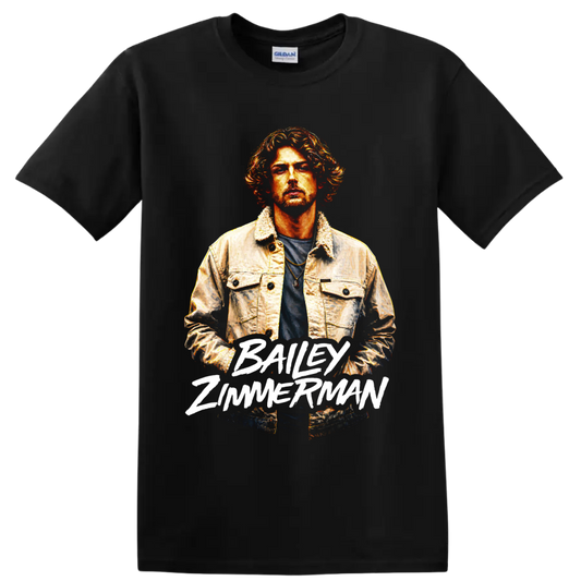 Bailey Zimmerman painted country singer portrait with bold white name lettering on a Black T Shirt