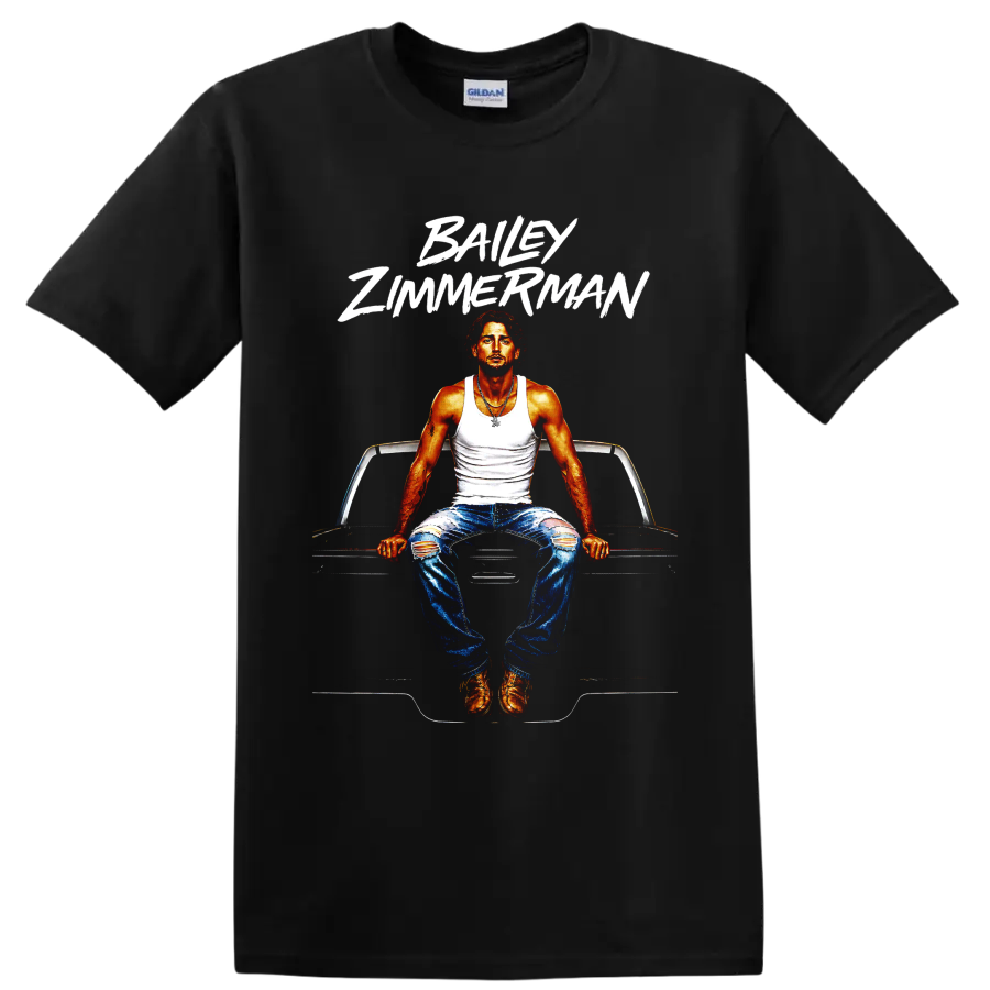 Bailey Zimmerman portrait seated on a classic car with bold white brush lettering on a Black T Shirt