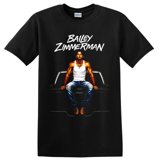Bailey Zimmerman portrait seated on a classic car with bold white brush lettering on a Black T Shirt